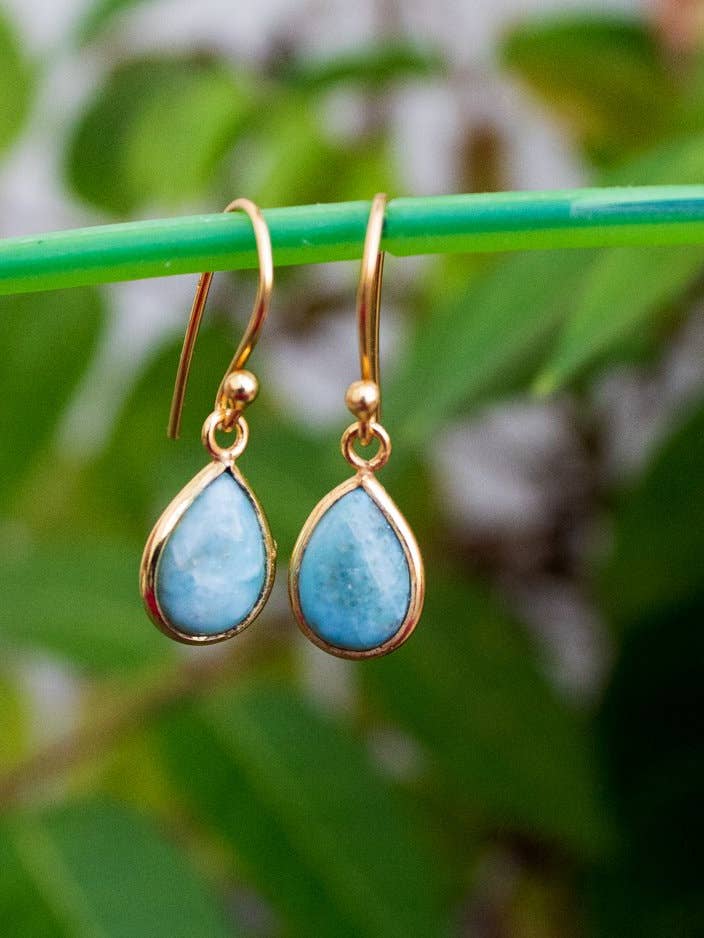 Larimar Earrings Gold Plated Larimar Jewelry, Blue Stone Earrings, AE-1039 for wholesale by Ambra Jewels