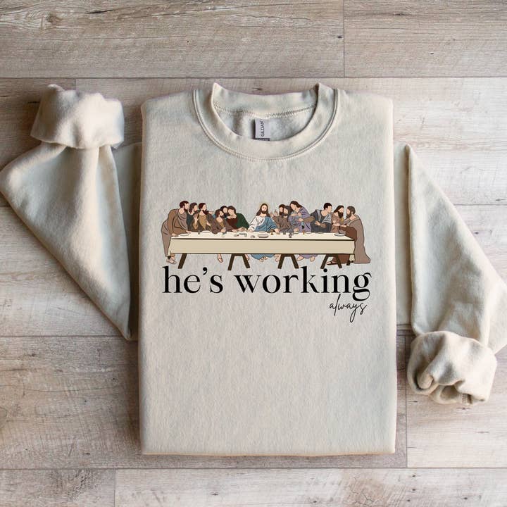 He's Working Always Lords Supper Graphic Tee for wholesale by Haysville House