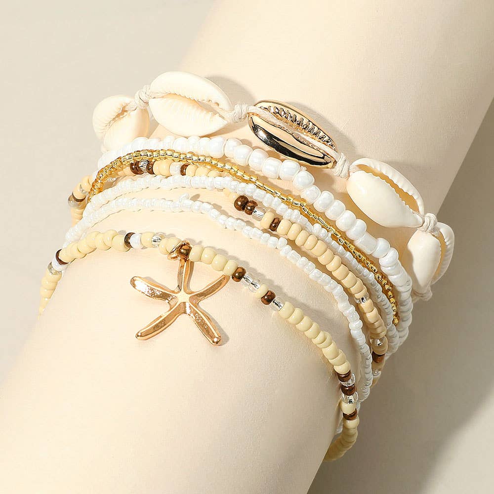 Sensibling Corp. - Wholesale Jewelry Set - 6PCS - Starfish Charm Accented Conch Shell Seed Beaded Multi Layered Anklets7