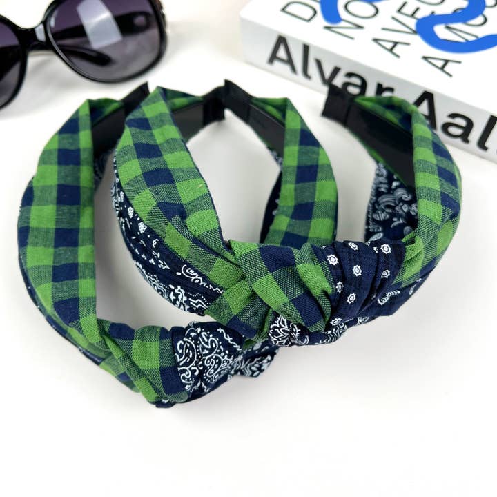 Green plaid fabric headband with anti-slip teeth for wholesale by TheDivaSoap