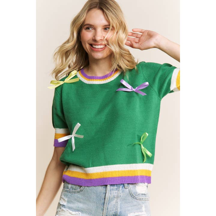 MARDI GRAS BOW DETAIL SHORT SLEEVE PULLOVER TOP for wholesale by Sweet Generis