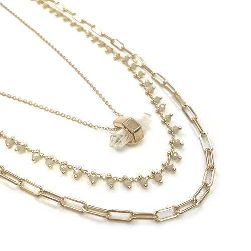 StarryNYC - Wholesale Pendant/Charm Necklace - 3 Line Multi Chain Necklace Crystal / Pearl / Paperclip