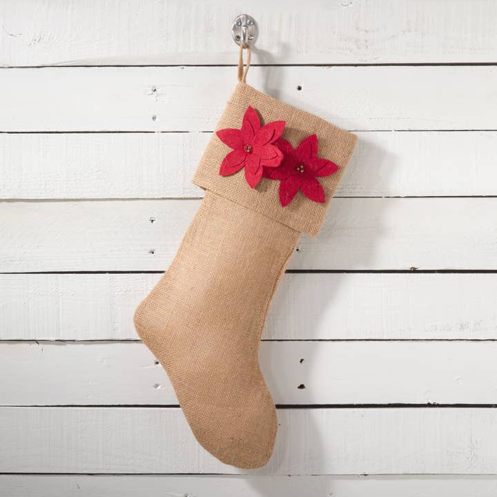 Fennco Styles – wholesale Holiday Stocking – Red Felicia Poinsettia Burlap Christmas Stocking