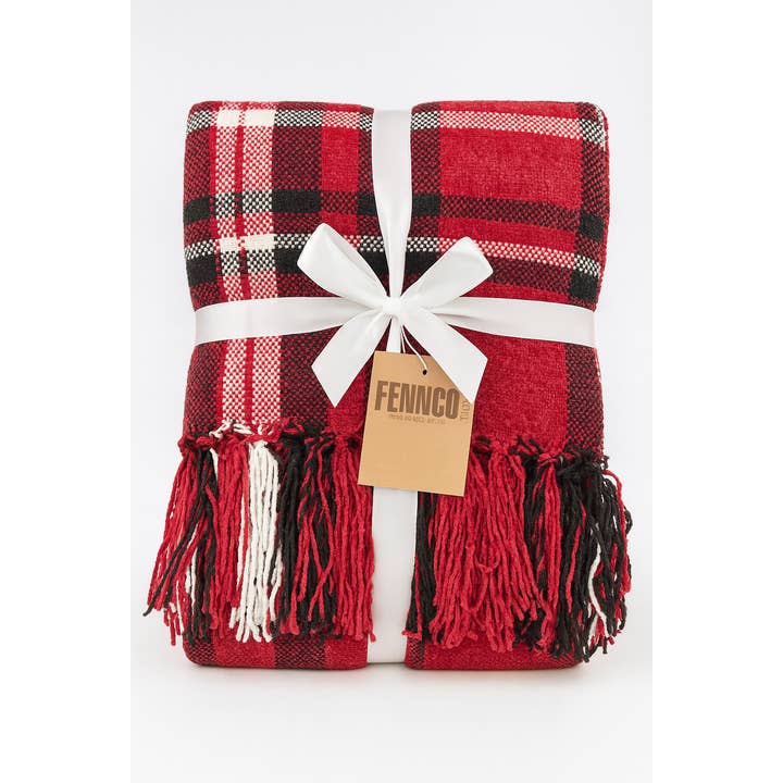 Red Chenille Woven Plaid Tassel 50"x60" Throw Blanket for wholesale on Faire3
