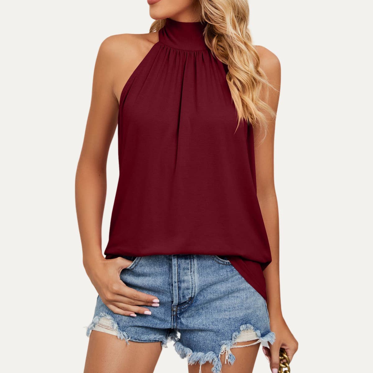 The Moment Collection – Blusa - Mulher por atacado – Trendy cor sólida sem mangas de tie-back Halter Top0