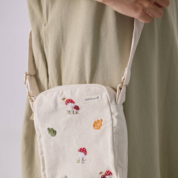 Mushroom Embroidery Crossbody Bag Beige for wholesale by Rumoon Handmade