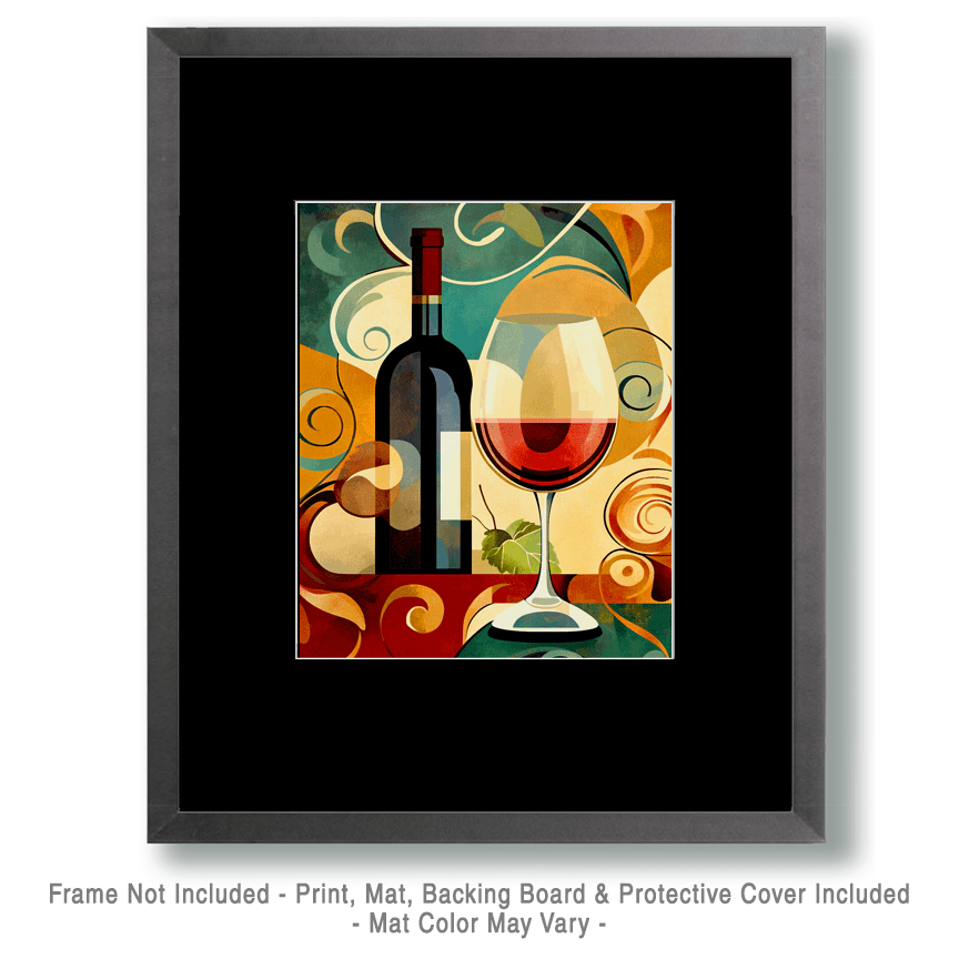 Mowbi – Impressão artística por atacado – Garrafa de Vinho e Copo Estilo Anos 70 - Impressões de Arte de Parede de Vinho – Arte de 8″x10″ para Moldura de 11″x14″1