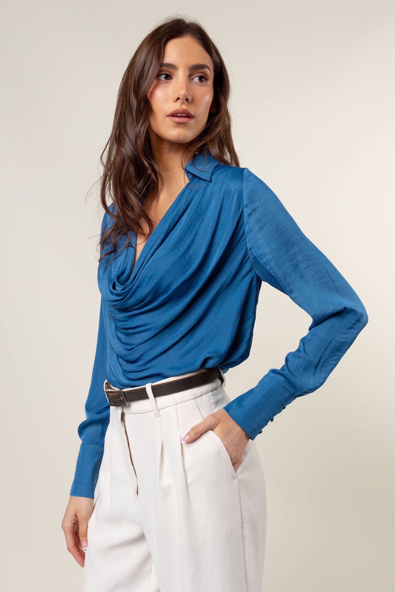 Naked Zebra - Wholesale Blouse - Women's - Draped Cowl Neck Blouse With Buttoned Cuffs3