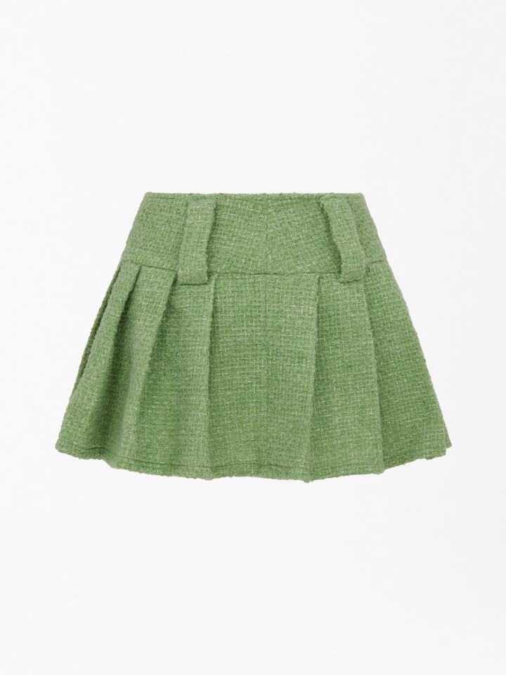 Metallic Thread Pleated Bouclé Tweed Mini Skirt in Pistachio Green for wholesale by SOUR FIGS LONDON