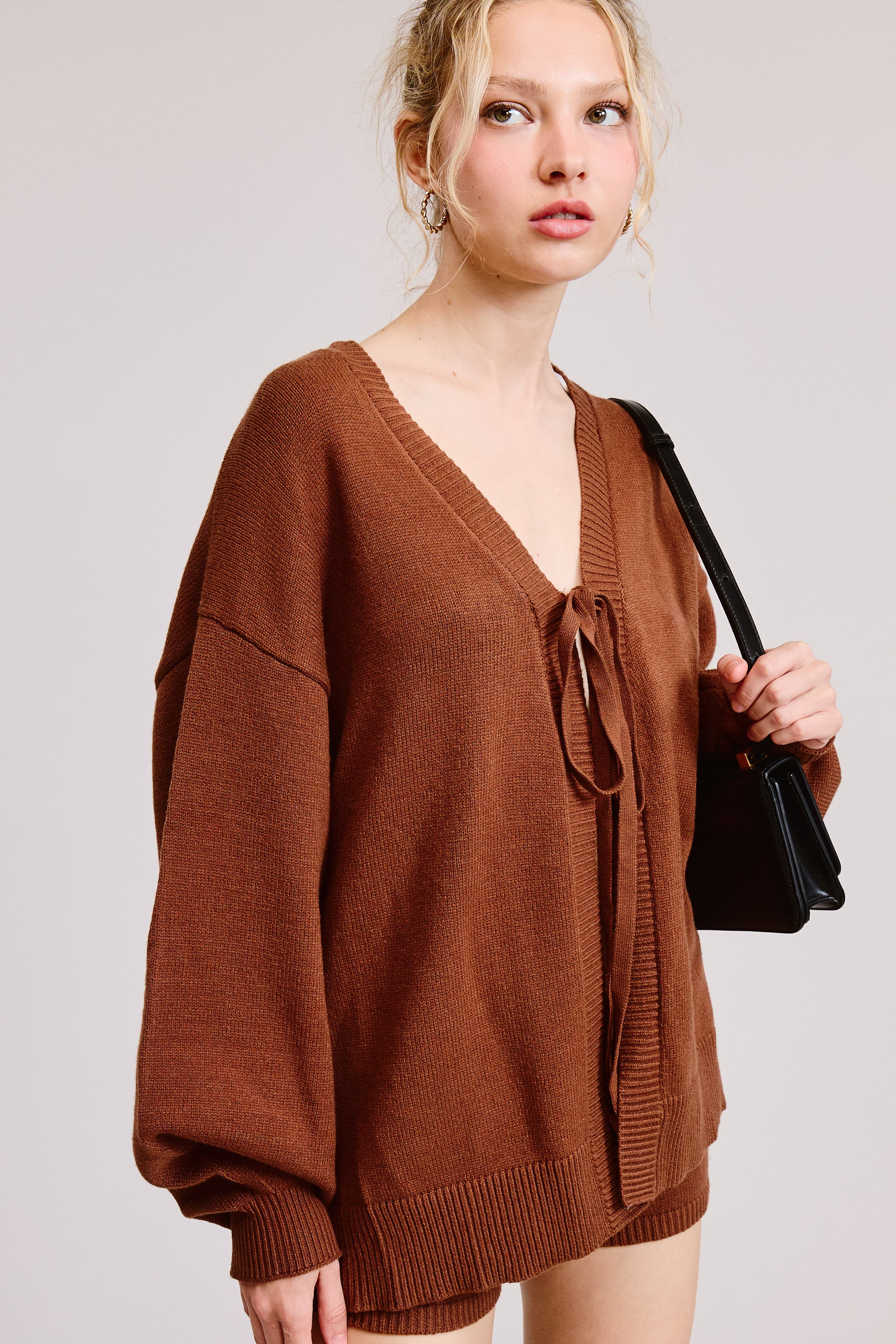 Mimosa - Wholesale Lounge Set - Women's - Self Tie Knit Cardigan and Shorts Lounge Set3