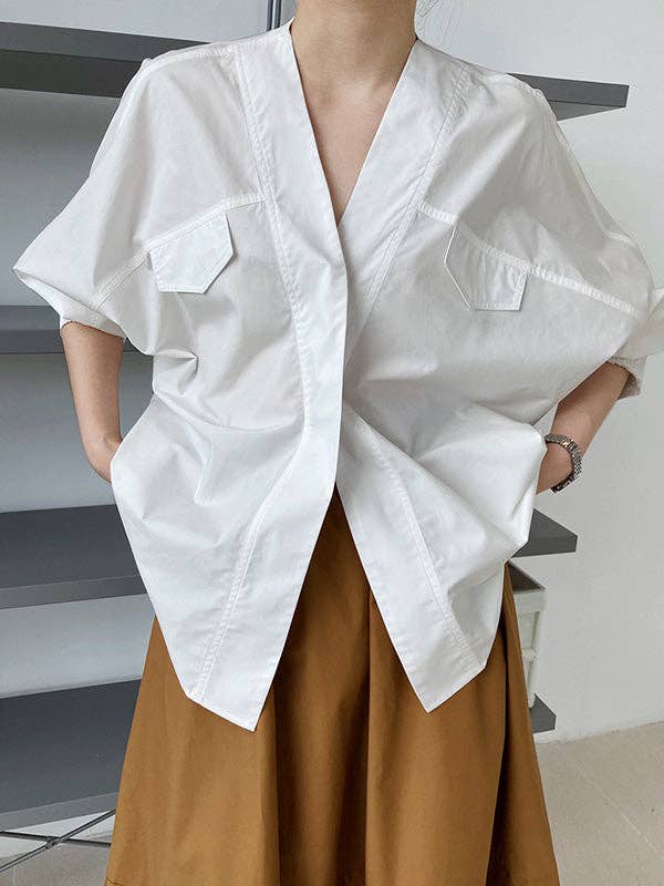 UZ Wholesale Store - Wholesale Button Down Shirt - Women's - Trendy Batwing Sleeves Solid Color V-Neck Blouses7