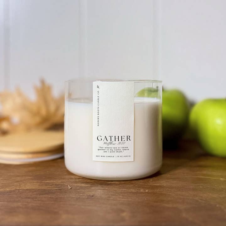 Gather | Caramel Apple Festival | 15 oz Soy Wax Candle for wholesale by Modern Roots Candle Co.