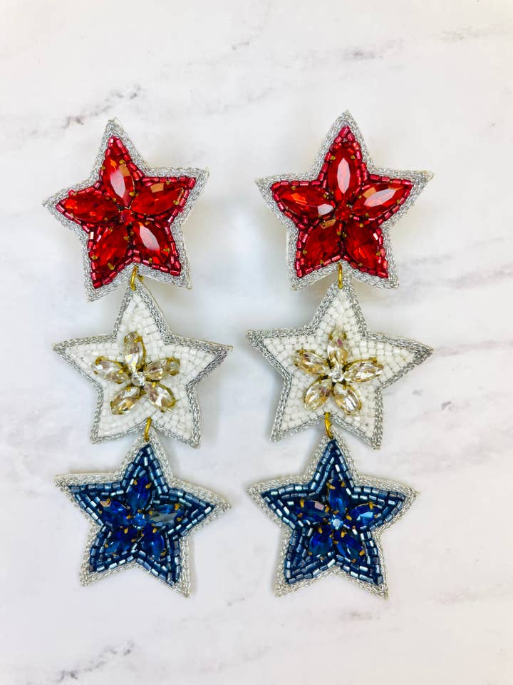 Patriotic American Red White Blue Star Earrings for wholesale by Louie Love