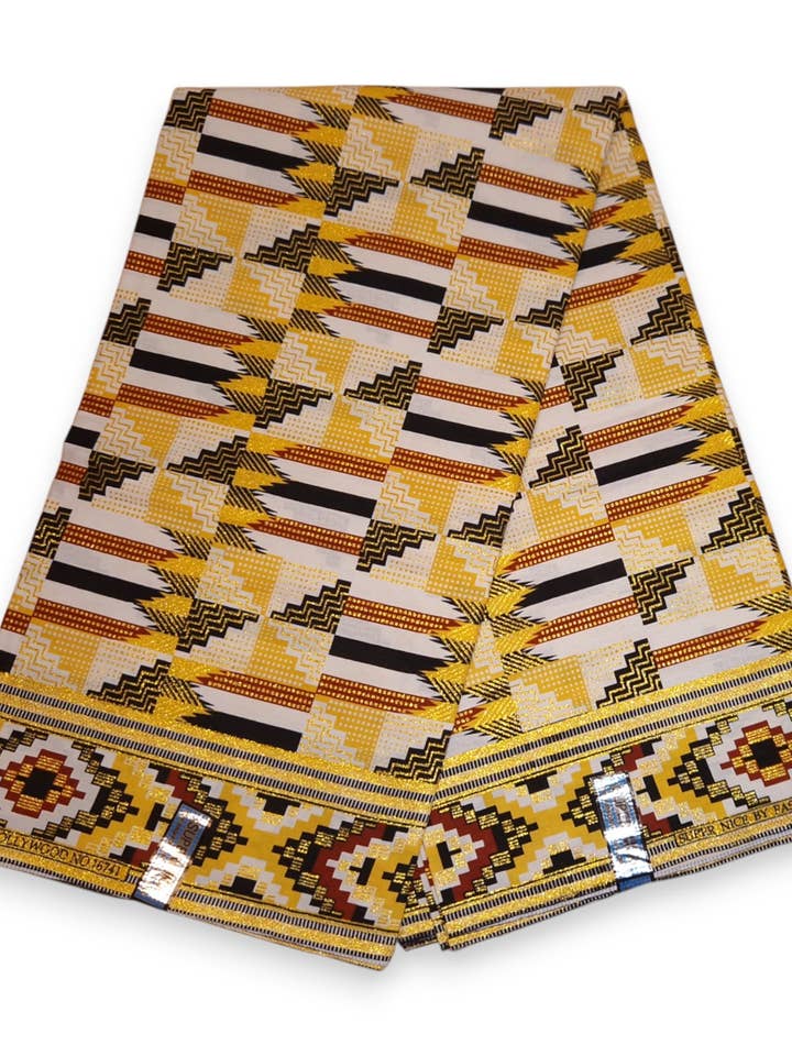 6 Yards - Afrikaanse printstof - Exclusieve Versierde Glittereffecten 100% katoen - GL-4049 Geel Goud Kente voor wholesale door AfricanFabs