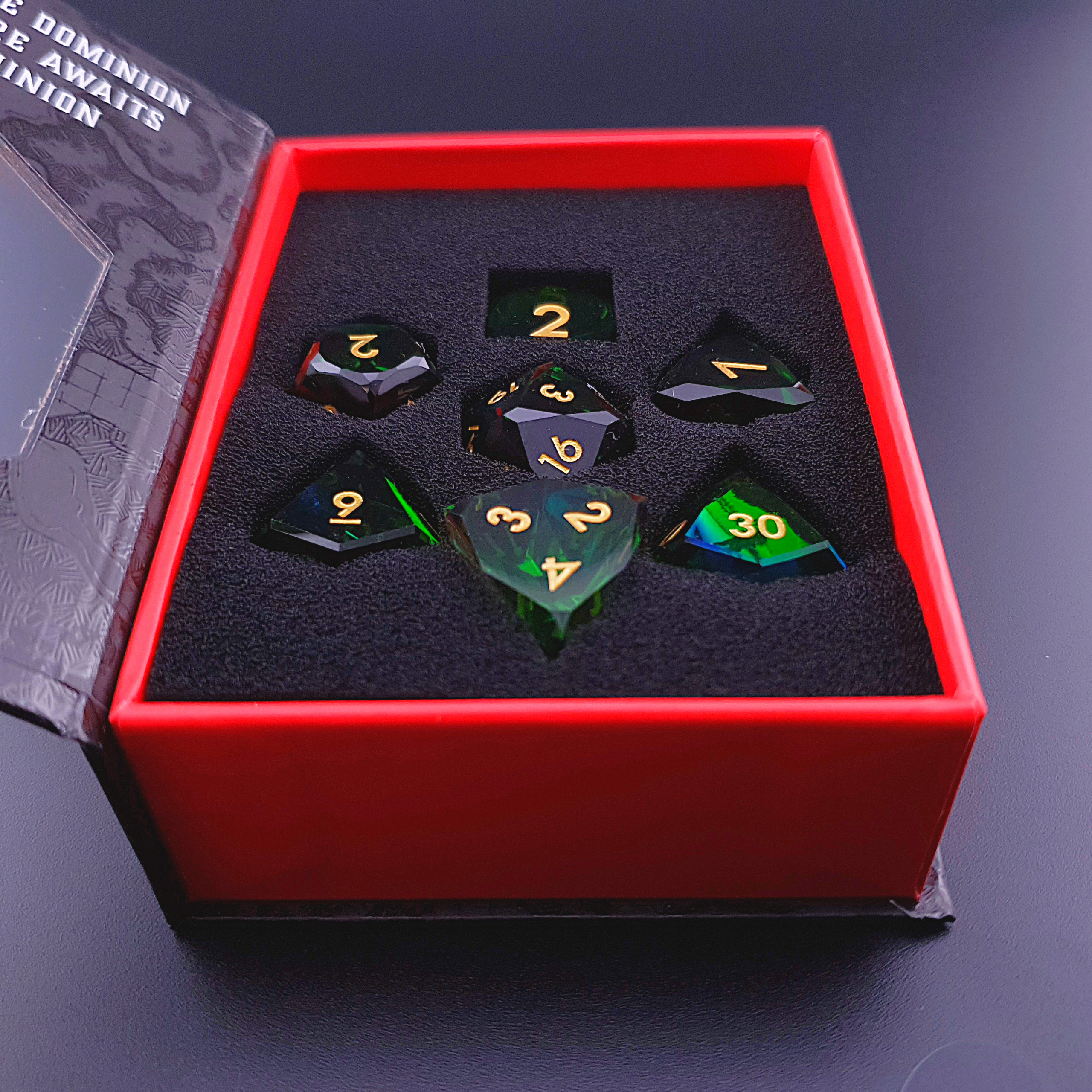 Tabletop Dominion Limited - Wholesale Dice - Verdant Prism | Diamond Cut Sharp Edge Resin | 7 Piece Dice Set6