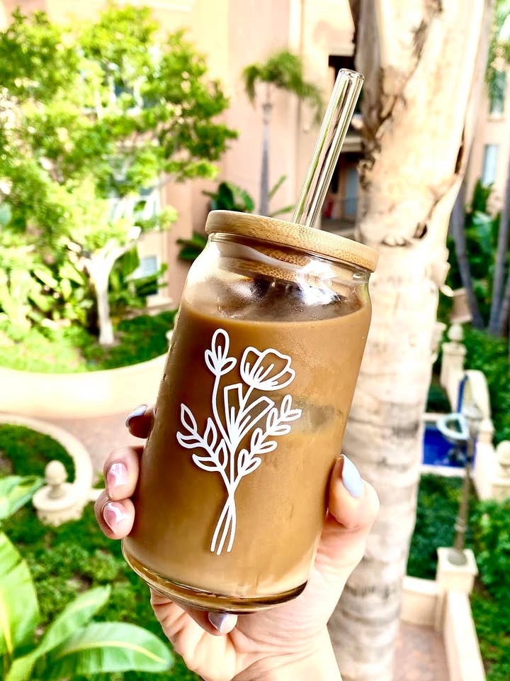 minimalist beer can glass || floral beer can glass || iced coffee glass for wholesale by somethingcutebygigi