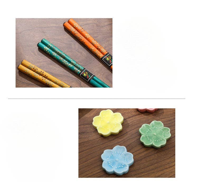 Gohobi （We cover U.S. import duties） - Wholesale Chopsticks - Gohobi A Set of 5 Pairs of Japanese Golden Flowers Wooden Chopsticks and Rests3
