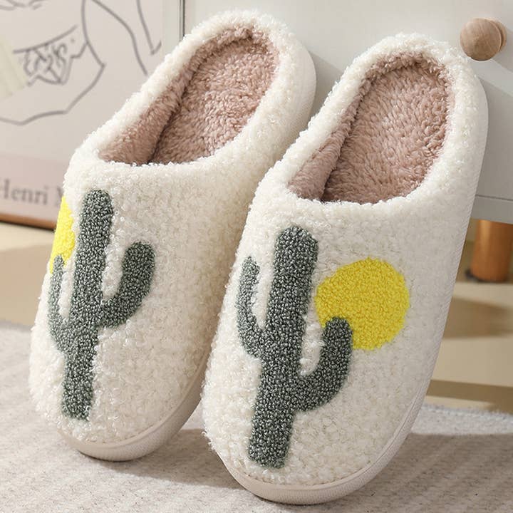 White CACTUS PATTERN WARM COTTON SLIPPERS_CWSHS0285 for wholesale on Faire