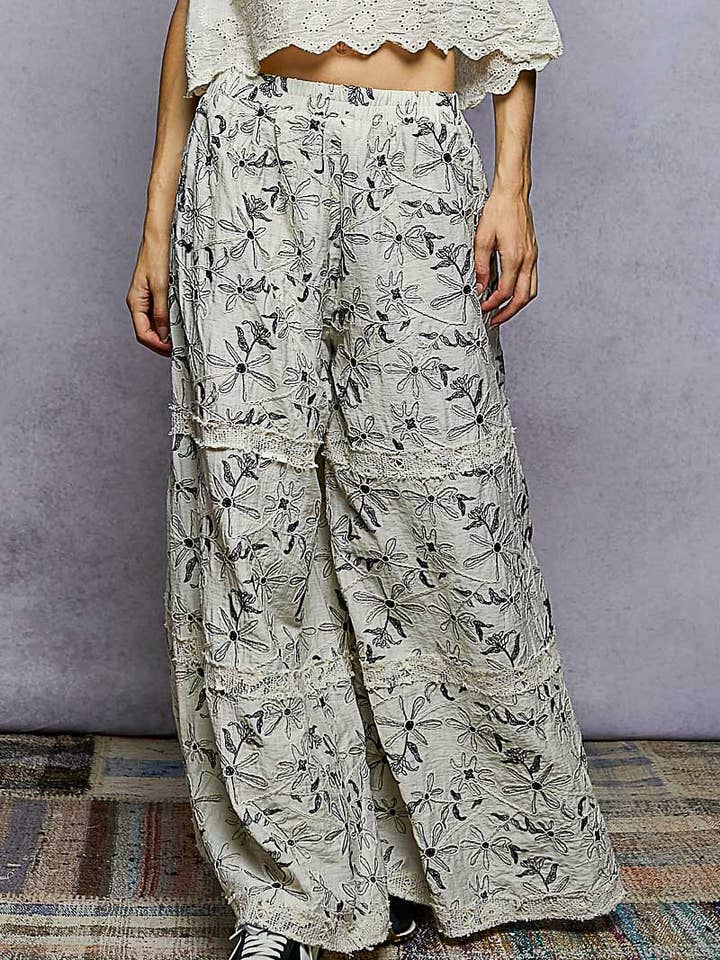Crochet lace patch embroidered woven floral pattern pants for wholesale by Pol Clothing