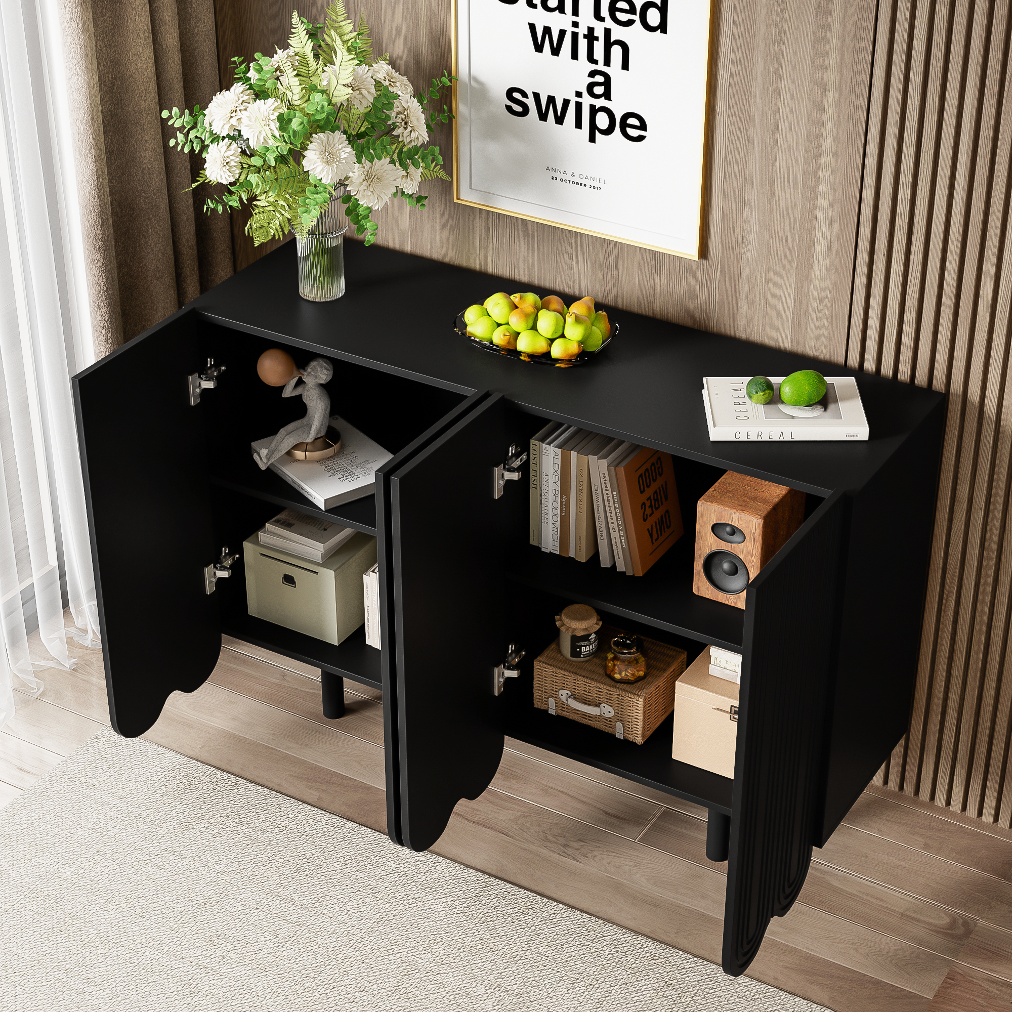 Urban Meuble - Wholesale Sideboard - Black buffet with 4 doors, pattern, and storage 120*37.5*80.8 cm EVRENS BLACK6