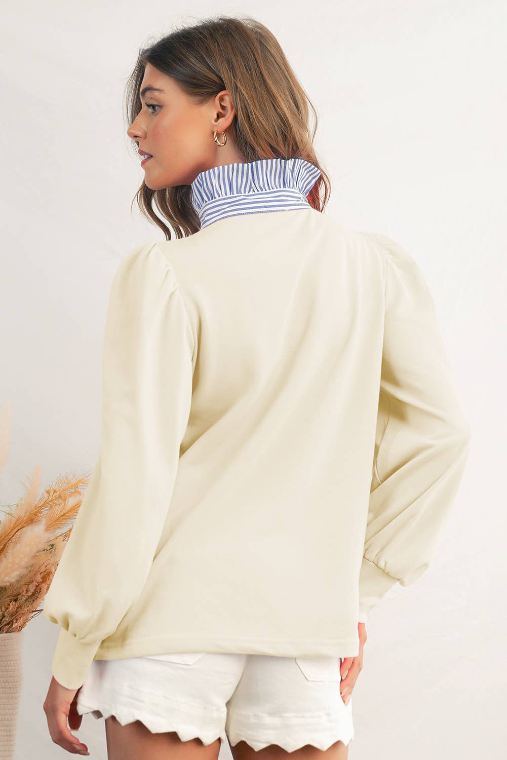 Aapparella - Wholesale Sweatshirt - Women's - Button Striped Collar Puff Sleeve Sweatshirt | S-XL 13