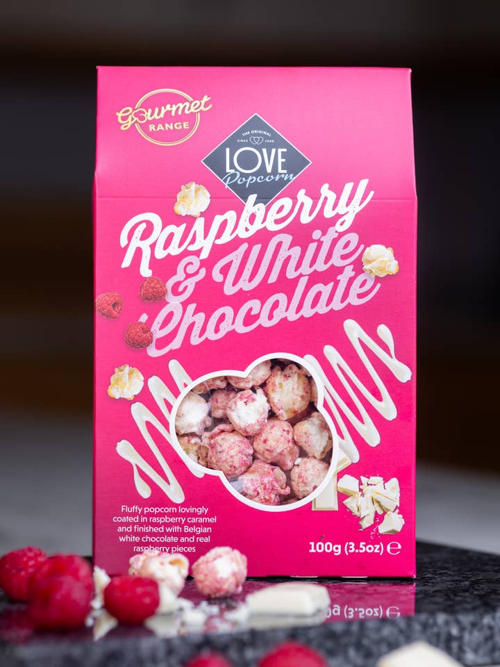 Raspberry White Chocolate Popcorn 100g for wholesale by Love Popcorn
