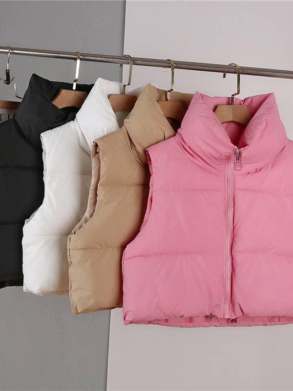 Zip Up High Neck Cropped Puffer Vest for wholesale by Rosa Clothing