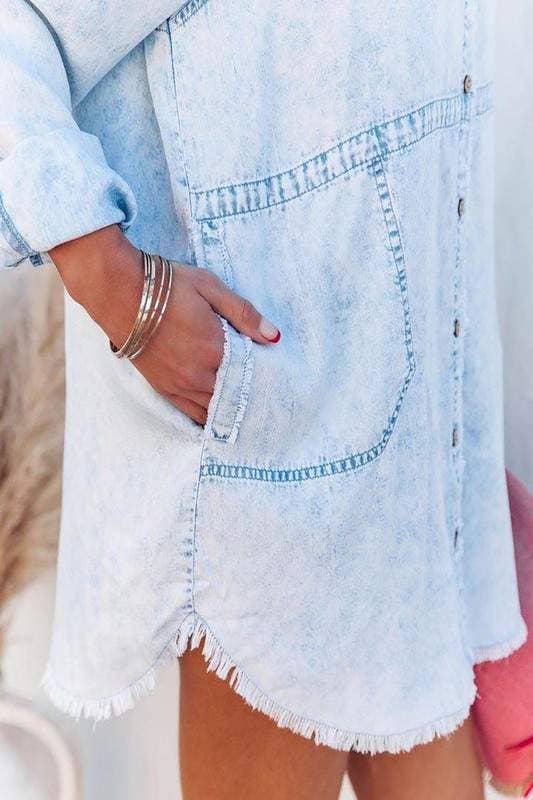 LIGHT DENIM pocketed chambray button down tunic for wholesale on Faire3