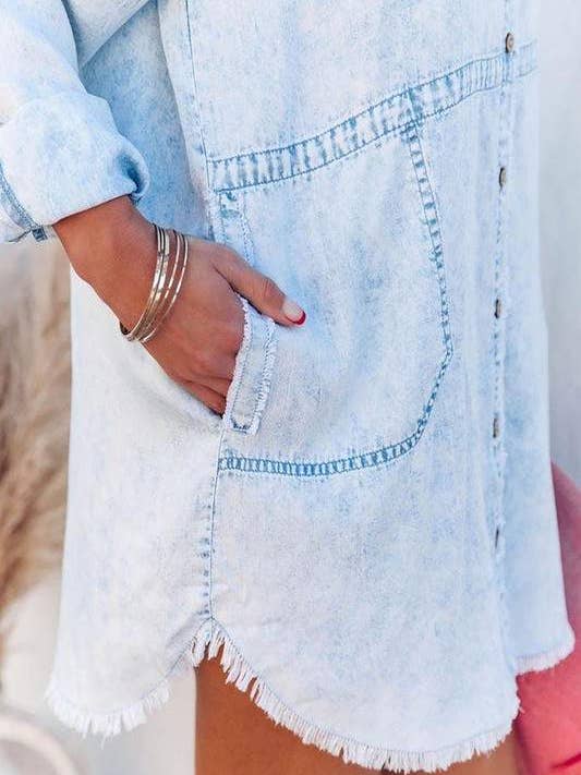 LIGHT DENIM pocketed chambray button down tunic for wholesale on Faire3