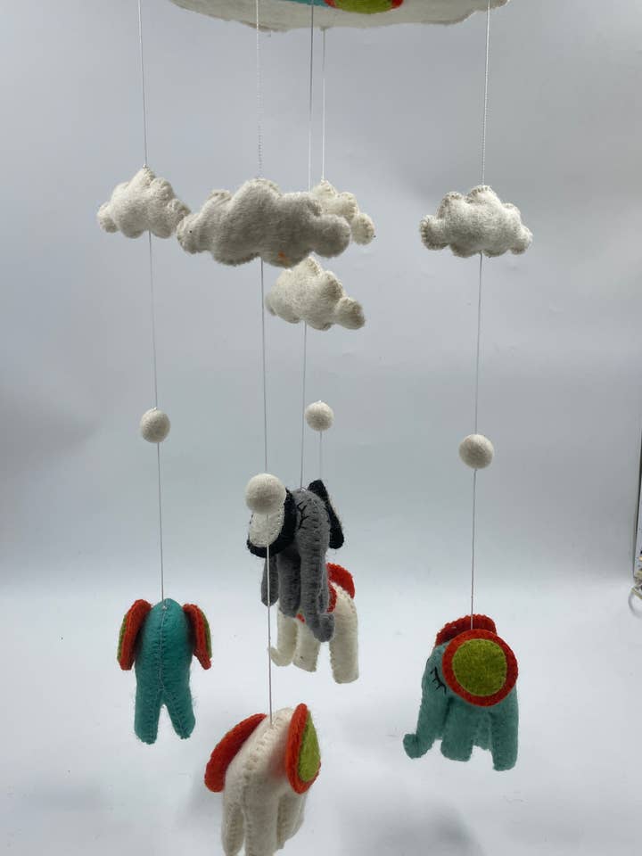 Handmade Felt Elephant Mobile Room Decoration for wholesale by Funky Yak Ltd