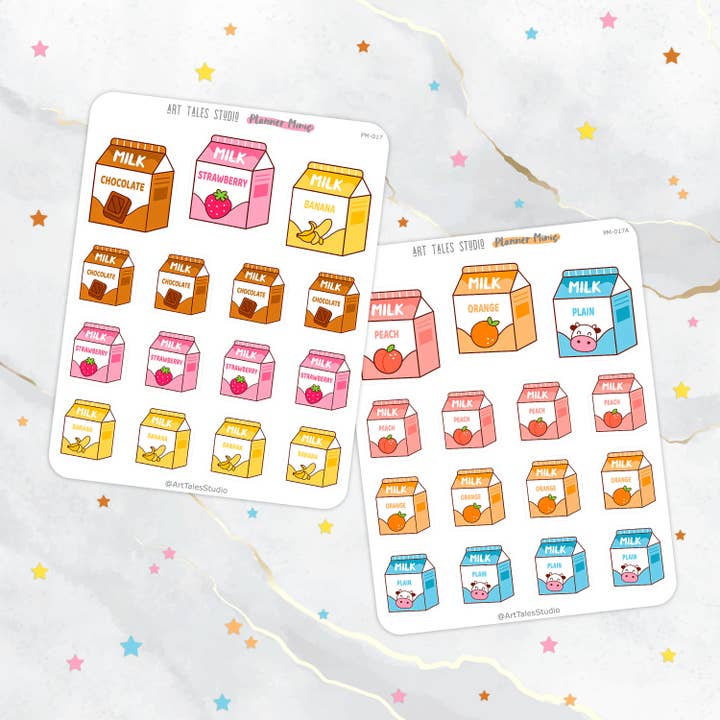 Milchkarton-Aufkleber-Blatt, Milchbox, Planer-Aufkleber, Scrapbook, Schreibwaren, Bujo, Erdbeer-Milch-Aufkleber, Banane, Orange, Pfirsich, Schokolade für den Großhandel von Art Tales Studio