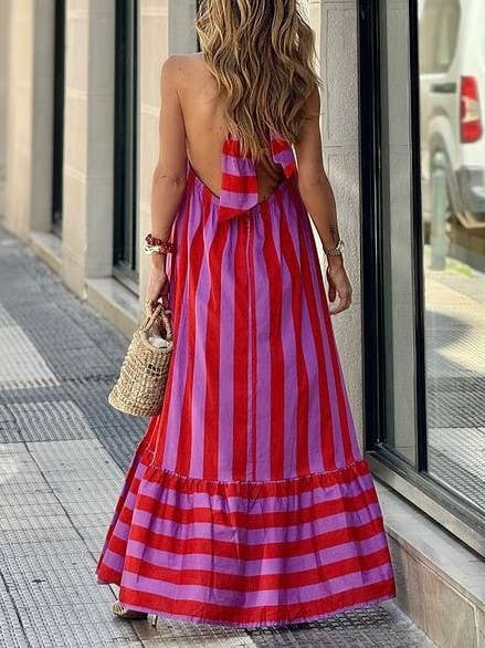 RoseRed Halterneck Backless Striped Print Maxi Dress for wholesale on Faire3