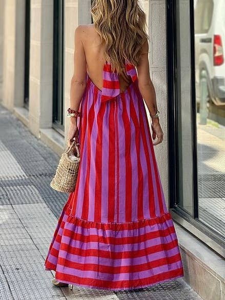 RoseRed Halterneck Backless Striped Print Maxi Dress for wholesale on Faire3