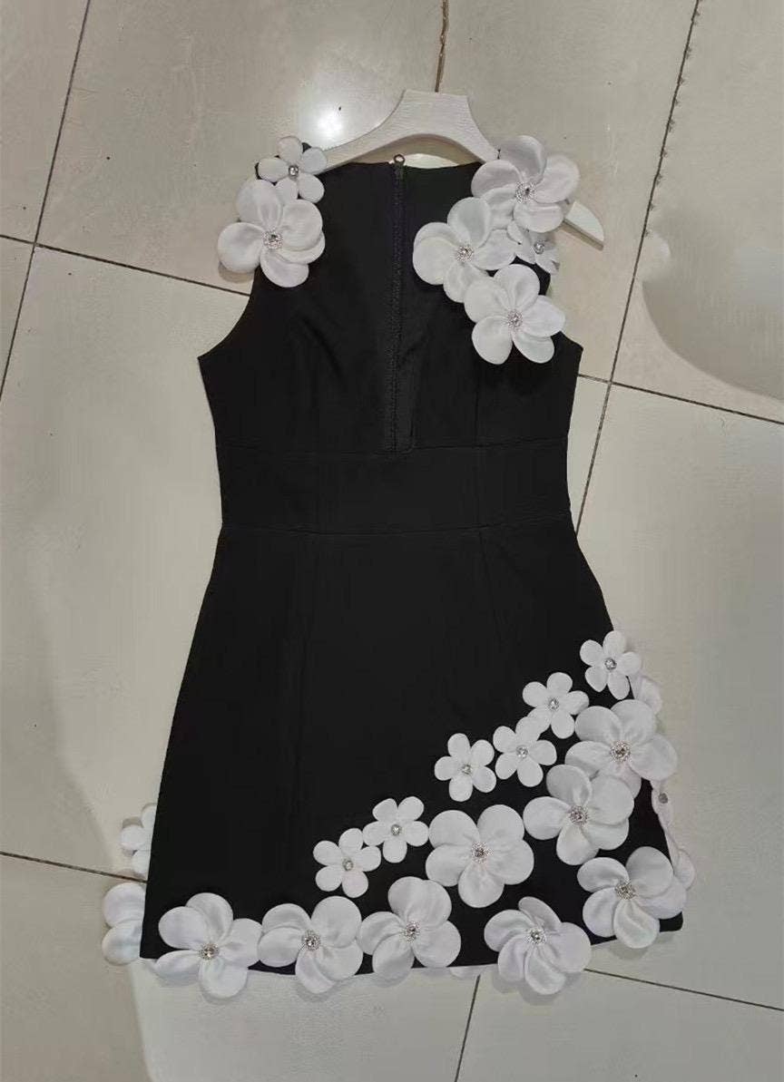 Black DR524Y Suspender Mini Dress with Contrast 3D Floral Designs for wholesale on Faire2