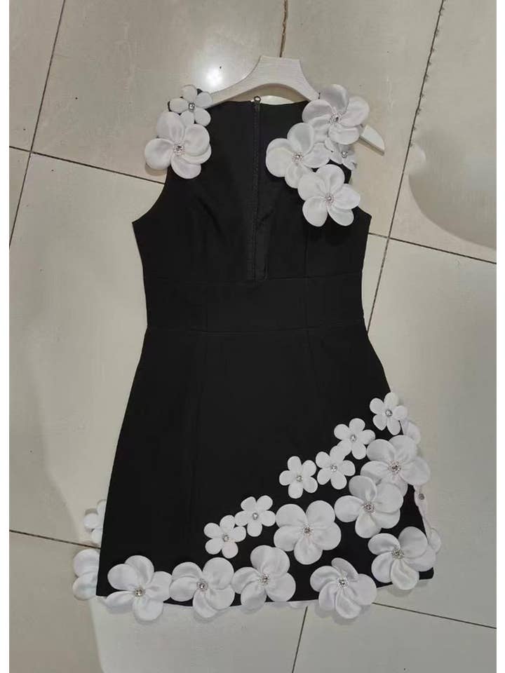 Black DR524Y Suspender Mini Dress with Contrast 3D Floral Designs for wholesale on Faire2