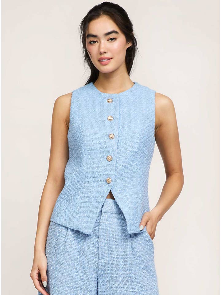 Aero Blue Gold Buttoned Tweed Vest for wholesale on Faire