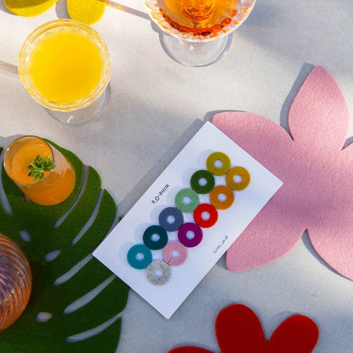 Paradise Wine-O's Merino Wool Felt Round Wine Markers for wholesale on Faire1