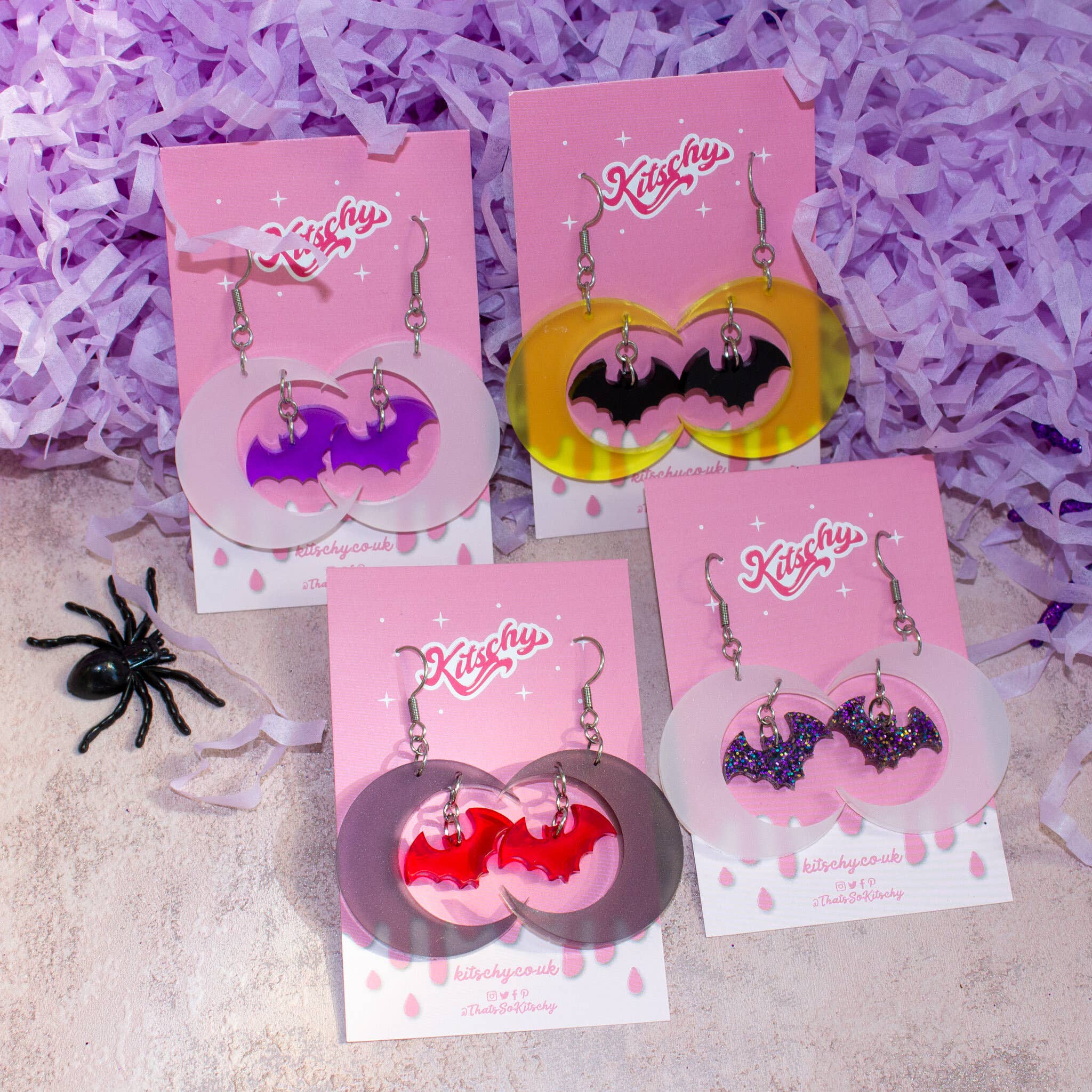 Kitschy - Wholesale Dangle Earrings - Obsidian Moon Bat Earrings Laser Cut Acrylic3