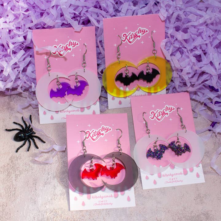 Kitschy - Wholesale Dangle Earrings - Obsidian Moon Bat Earrings Laser Cut Acrylic3