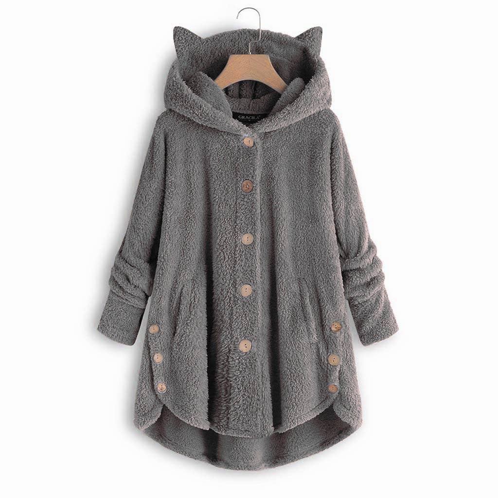 Lily Clothing - Wholesale Coat - Women's - BUTTON-UP HOODED CAT EARS PLUSH SOLID COAT3