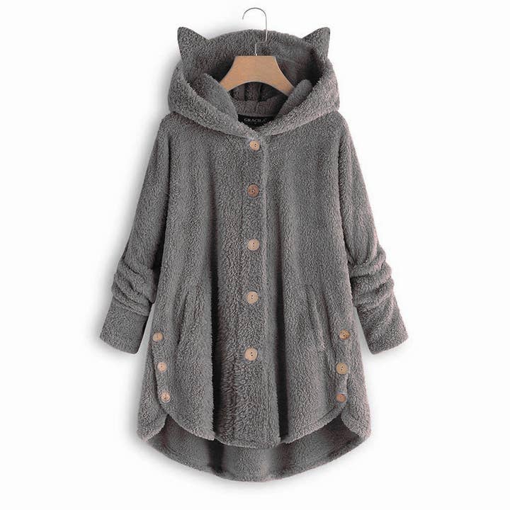 Lily Clothing - Wholesale Coat - Women's - BUTTON-UP HOODED CAT EARS PLUSH SOLID COAT3