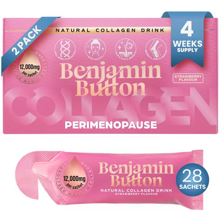 Perimenopause Collagen Strawberry Sachets – 28 Pack (4 Weeks Supply) – 12,000mg Marine Collagen with Chasteberry, Vitamins & Hyaluronic Acid for wholesale by Benjamin Button