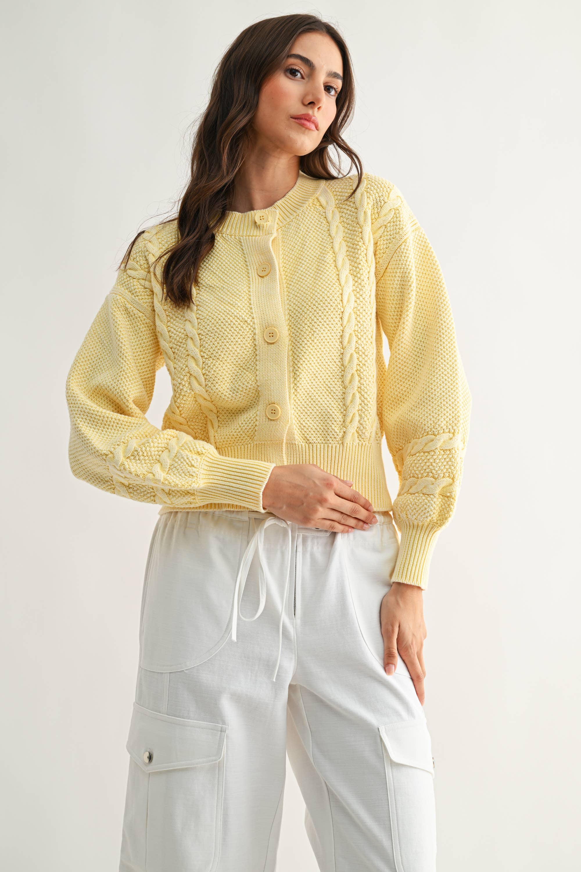 Camellia - Wholesale Cardigan - Women's - CW10019E WASHED BLENDED BROWN CABLE KNIT CARDIGAN8