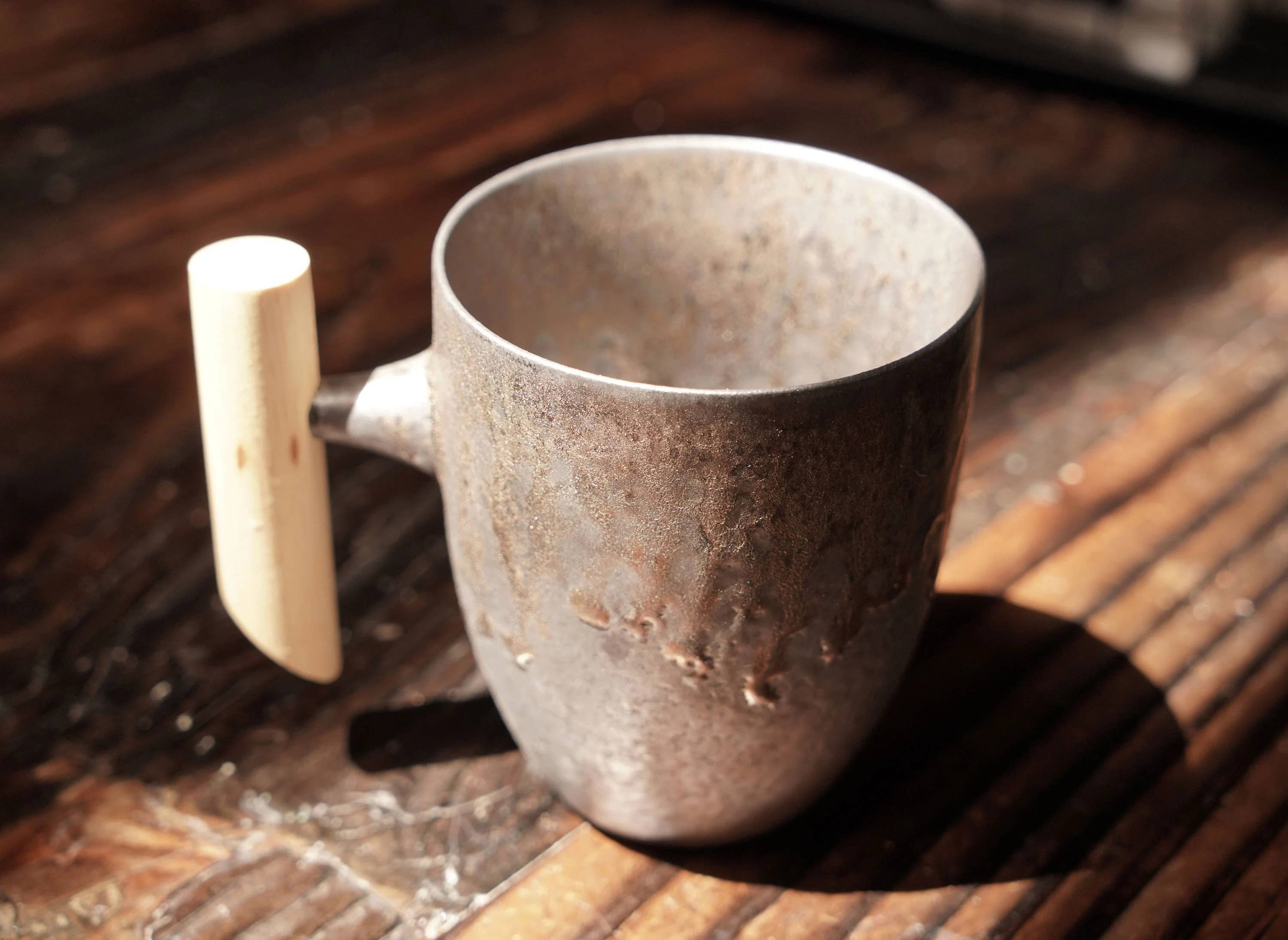 Backwoods Provisions - Wholesale Coffee Mug - Metallic Bronze Glaze Mug with Wood Handle