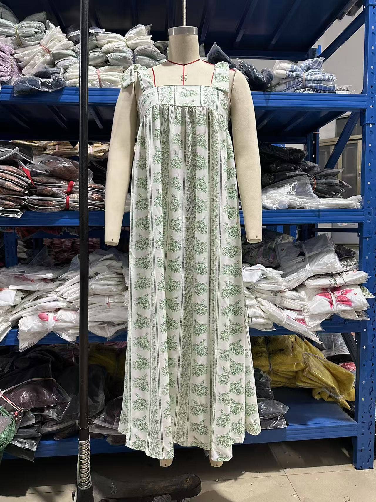 green Calista Ethnic Floral Print midi dress with bow straps for wholesale on Faire6