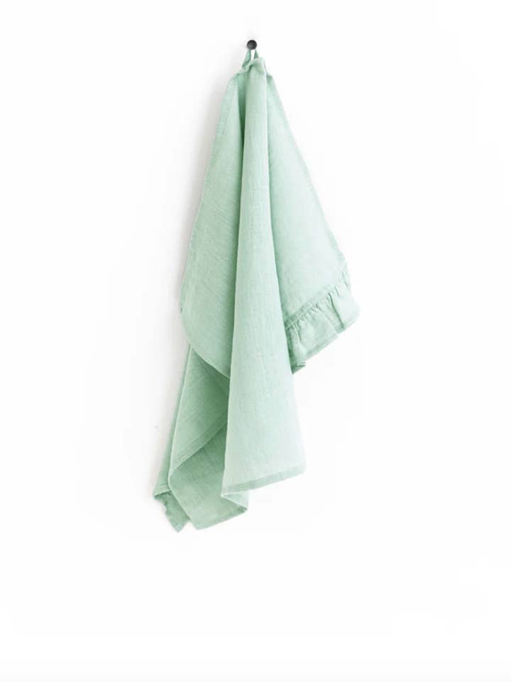 Ruffle trim tea towel in Sage Green | Kitchen towel for wholesale by MagicLinen (We handle U.S. import procedures for you)