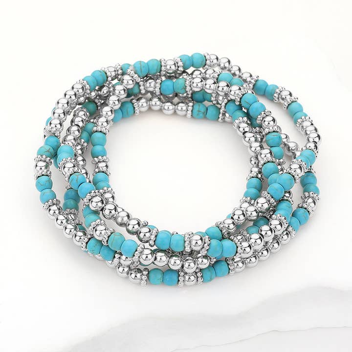 5PCS - Natural Stone Metal Ball Beaded Stretch Multi Layered Bracelets for wholesale by Sensibling Corp.