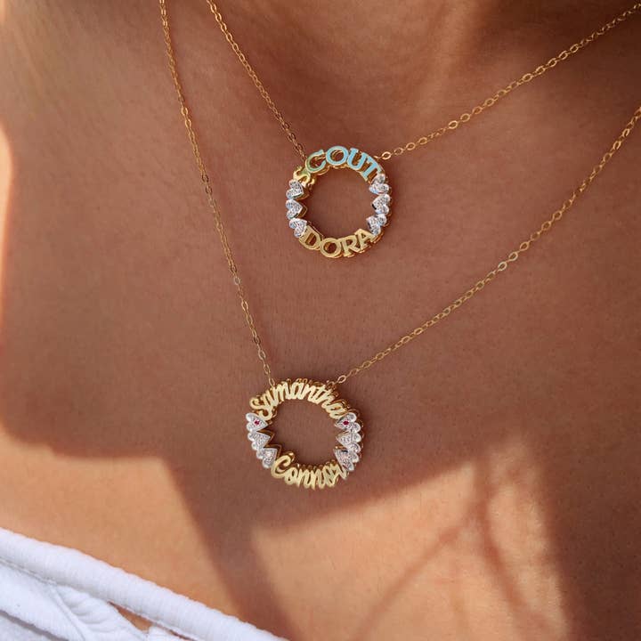 Mini Script Circle Name Necklace for wholesale by Kimiya Designs