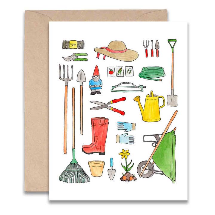 Gardening Gear Card for wholesale by Jodi Lynn's Emporium of Doodles