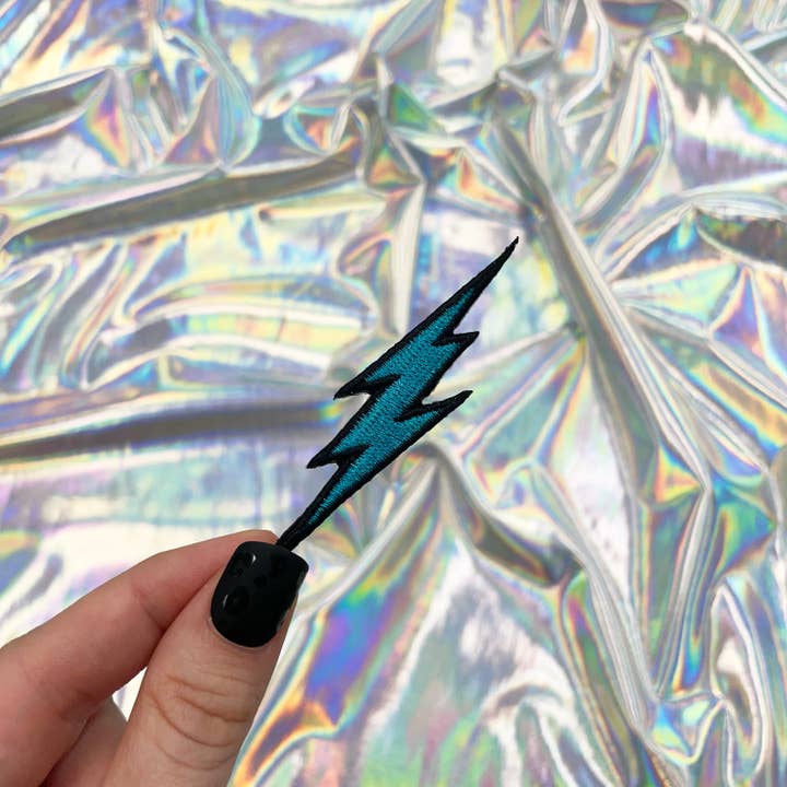 Turquoise Lightning Bolt Head Embroidered Patch Iron-On for Hats for wholesale by The Crafty Engineer